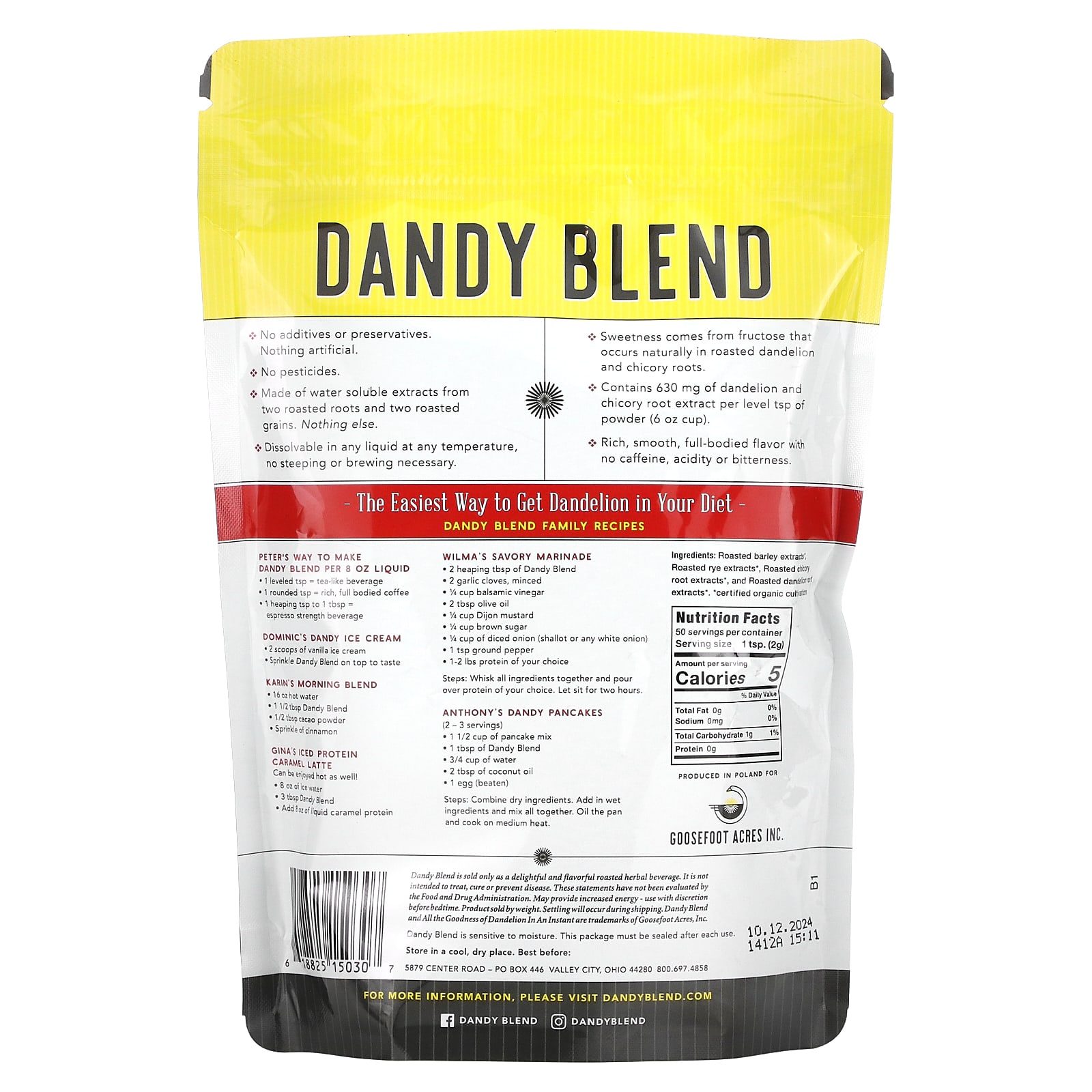 Dandy Blend, растворимый травяной напиток с органическим одуванчиком, без кофеина, 100 г (3,53 унции)