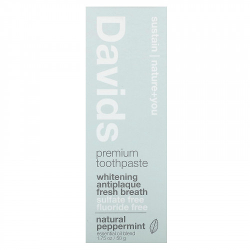 Davids Natural Toothpaste, Зубная паста премиум-класса, отбеливающая + защита от зубного налета, натуральная перечная мята, 50 г (1,75 унции)