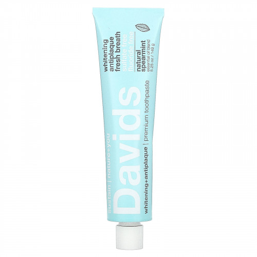 Davids Natural Toothpaste, Зубная паста премиум-класса, отбеливающая + защита от зубного налета, натуральная мята, 149 г (5,25 унции)