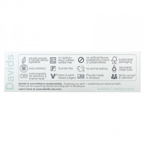 Davids Natural Toothpaste, Premium Toothpaste, Sensitive + Whitening, натуральная перечная мята, 50 г (1,75 унции)