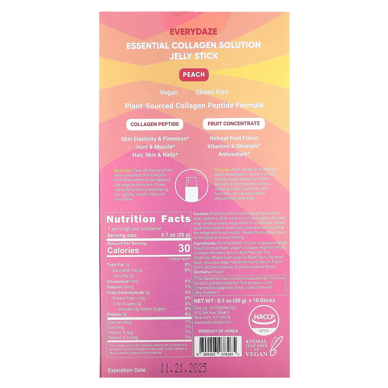 Everydaze, Желе-стик Essential Collagen Solution, персик, 3000 мг, 10 стиков по 20 г (0,7 унции)