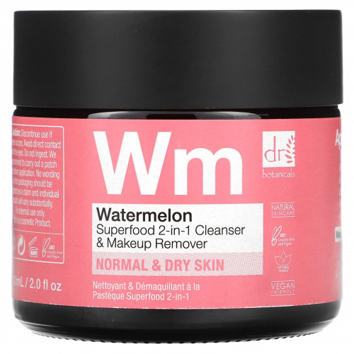 Dr. Botanicals, Очищающее средство и средство для снятия макияжа 2 в 1 Watermelon Superfood, 60 мл (2 жидк. Унции) (Товар снят с продажи) 