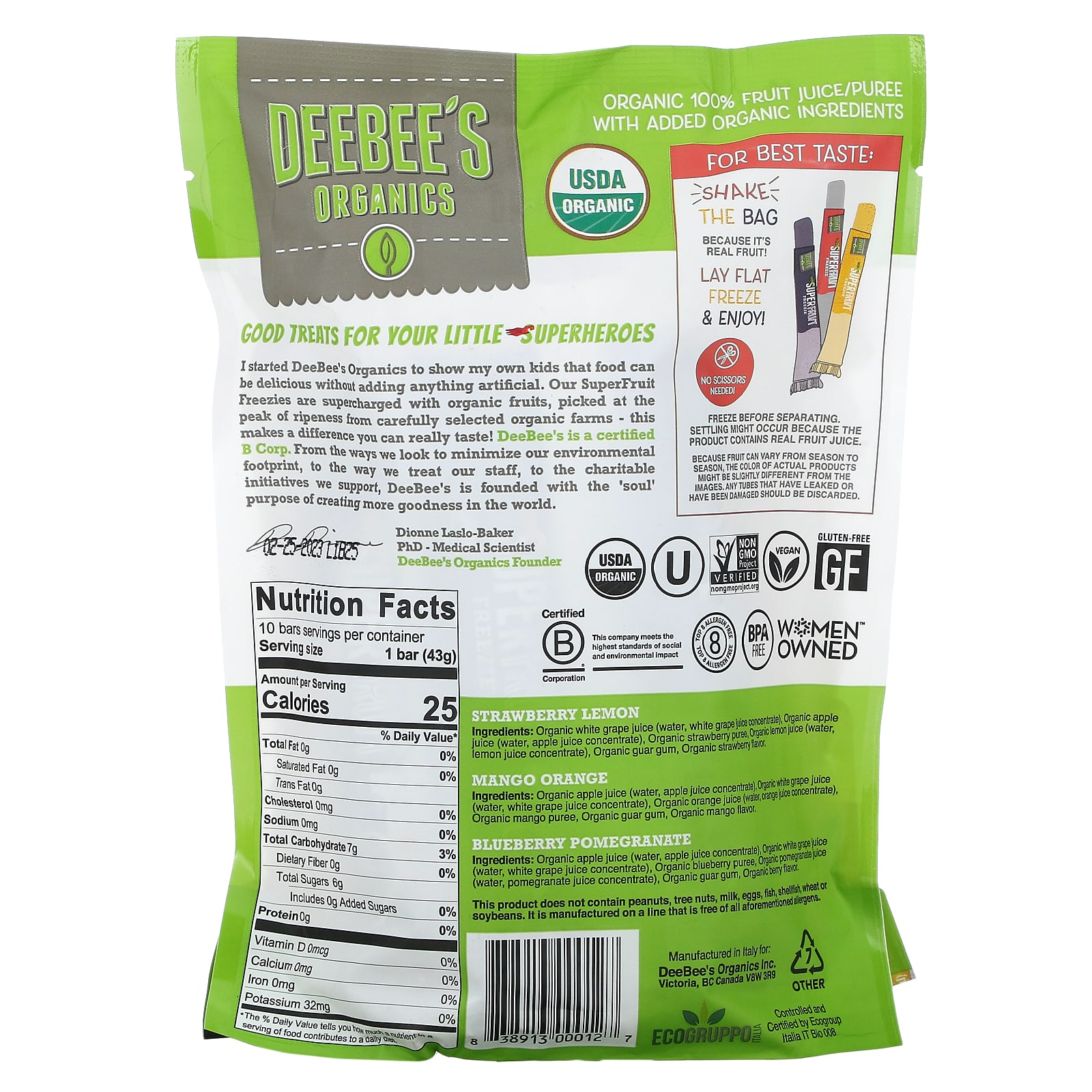 Deebee's Organic, Superfruit Freezie, ассорти, 10 батончиков, 40 мл (1,35 жидк. Унции)