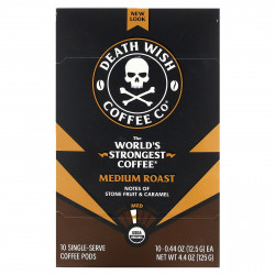 Death Wish Coffee, The World's Strongest Coffee, средняя обжарка, 10 порционных кофейных капсул, 12,5 г (0,44 унции)
