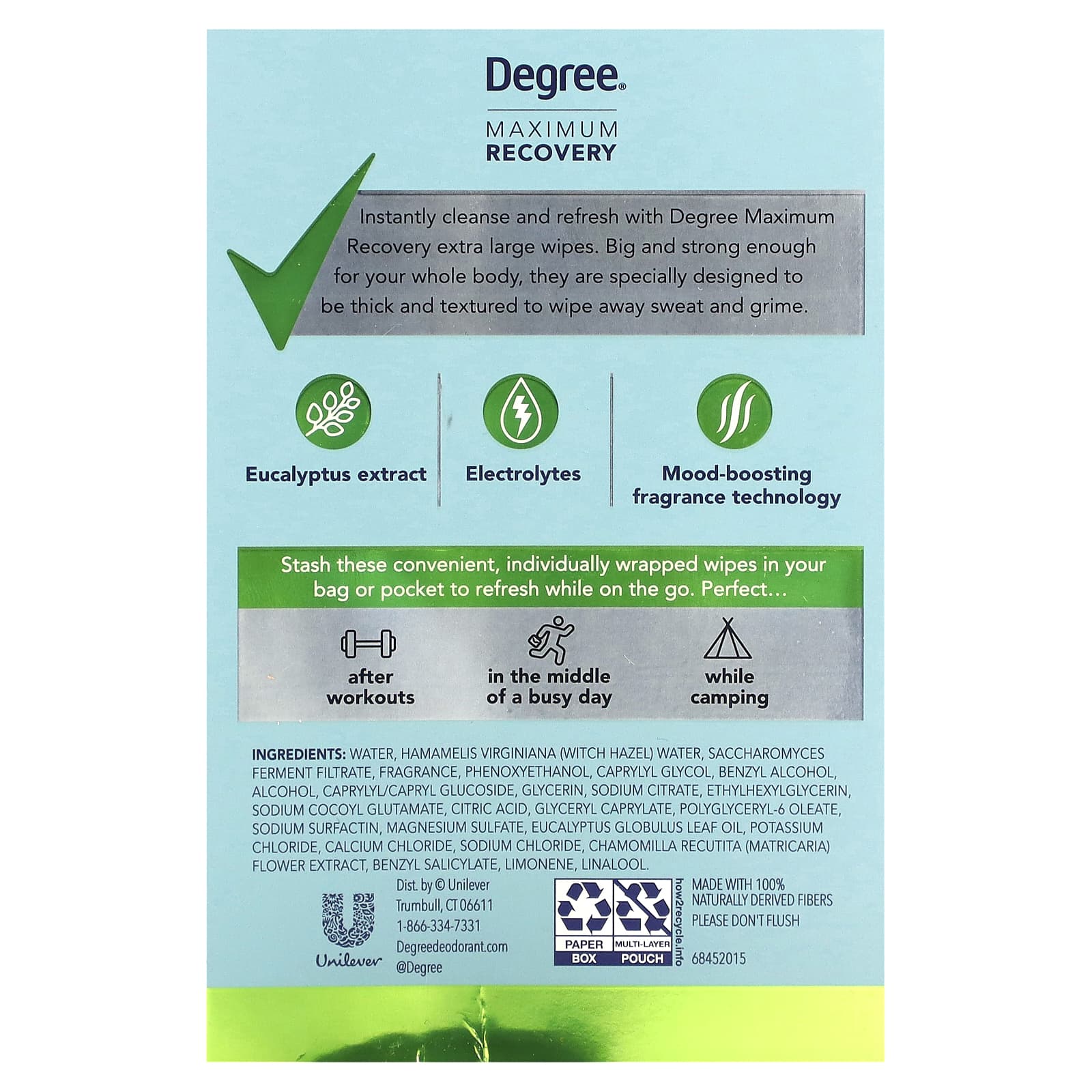 Degree, Салфетки для тела XL, максимальное восстановление, экстракт эвкалипта, 10 салфеток в индивидуальной упаковке