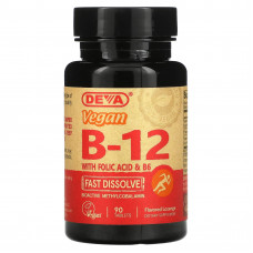 Deva, быстрорастворимый витамин B12 с фолиевой кислотой и витамином В6, для веганов, 90 таблеток