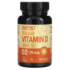 Deva, Веганский витамин D, D2, 20 мкг (800 МЕ), 90 таблеток