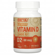 Deva, веганский витамин D, D2, 60 мкг (2400 МЕ), 90 таблеток