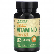 Deva, веганский витамин D, витамин D3, 25 мкг (1000 МЕ), 90 таблеток