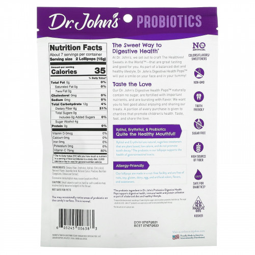 Dr. John's Healthy Sweets, Пробиотики, леденцы для здоровья пищеварительной системы, с клетчаткой и витамином C, клубника, персик и яблоко, без сахара, 1 миллиард, 14 леденцов на палочке в индивидуальной упаковке, 109 г (3,85 унции)