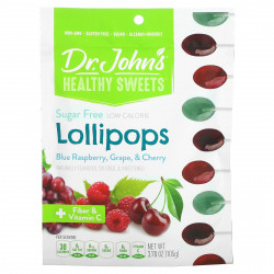 Dr. John's Healthy Sweets, Леденцы на палочке, + клетчатка и витамин C, голубая малина, виноград и вишня, без сахара, 105 г (3,7 унции)