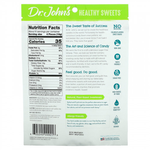 Dr. John's Healthy Sweets, Creamsicle Swirl, карамель, + клетчатка и витамин C, без сахара, 109 г (3,85 унции)