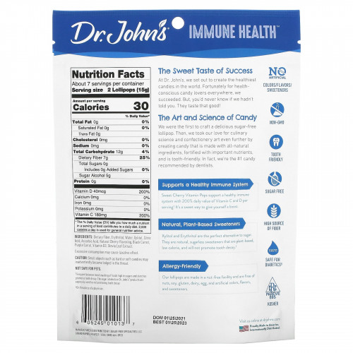 Dr. John's Healthy Sweets, Immune Health, леденцы со вкусом леденцов, + 200% суточной нормы витаминов C и D, черешня, без сахара, 14 леденцов на палочке в индивидуальной упаковке, 109 г (3,85 унции)