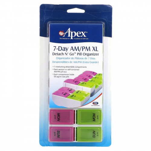 Apex, Detach N' Go Pill Organizer, 7-дневный органайзер для таблеток с учетом приема 2 раза в день, размер XL, 1 шт.