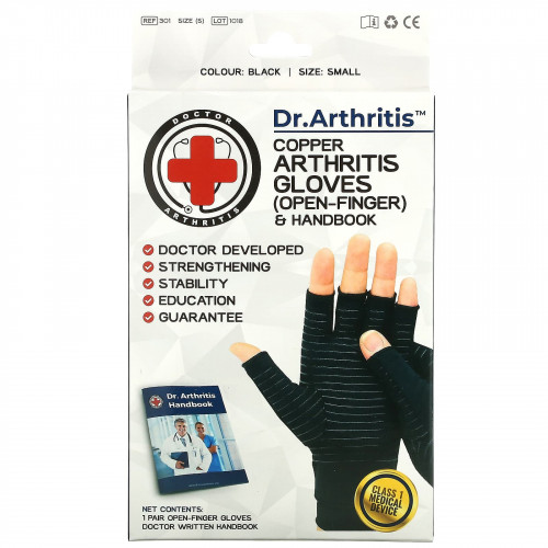 Doctor Arthritis, Медные перчатки и справочник для больных артритом с открытыми пальцами, маленькие, черные, 1 пара