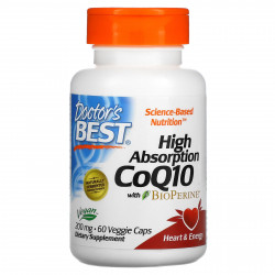 Doctor's Best, высокоусвояемый коэнзим Q10 с биоперином, 200 мг, 60 растительных капсул