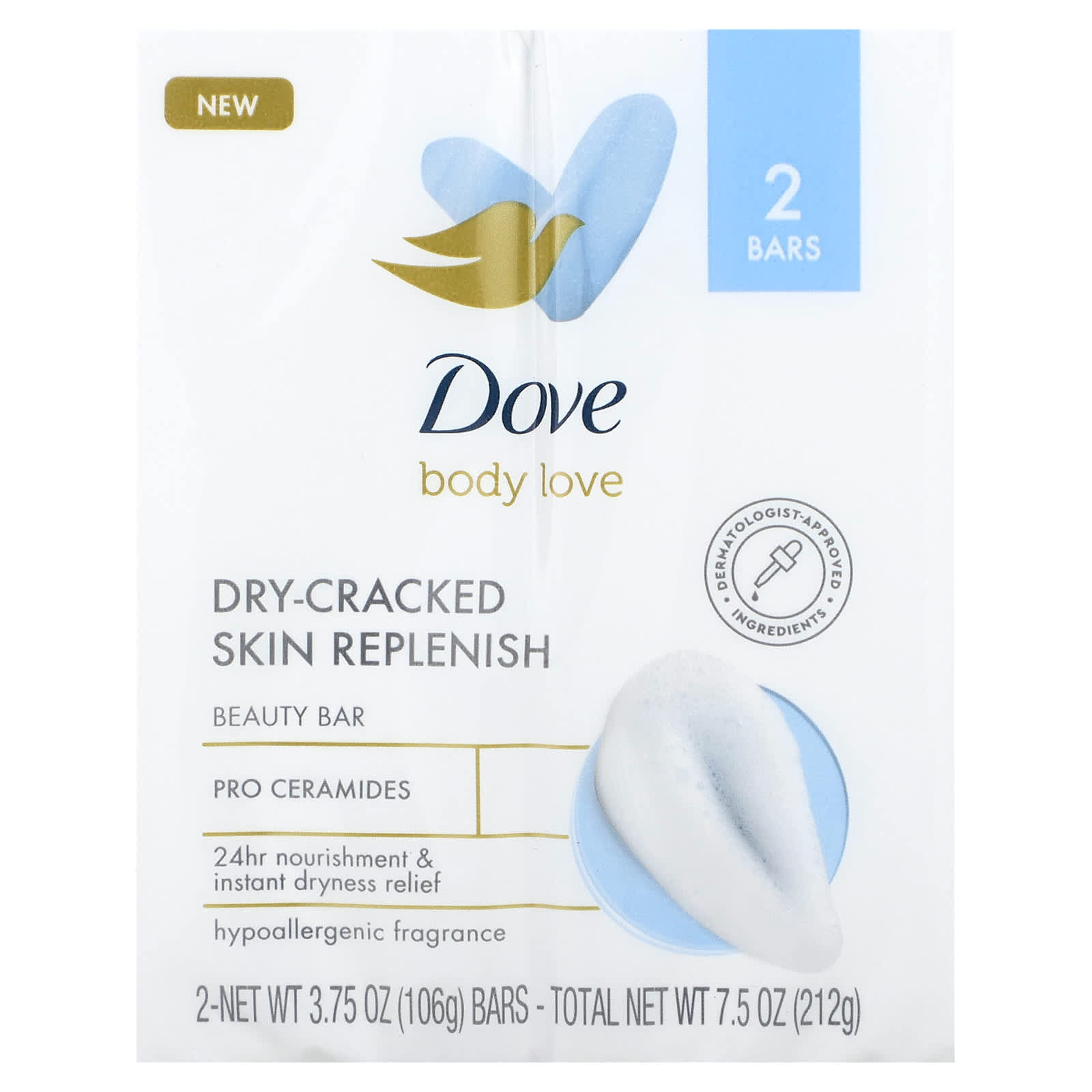 Dove, Body Love, косметическое мыло, восстановление для сухой потрескавшейся кожи, 2 шт., По 106 г (3,75 унции)