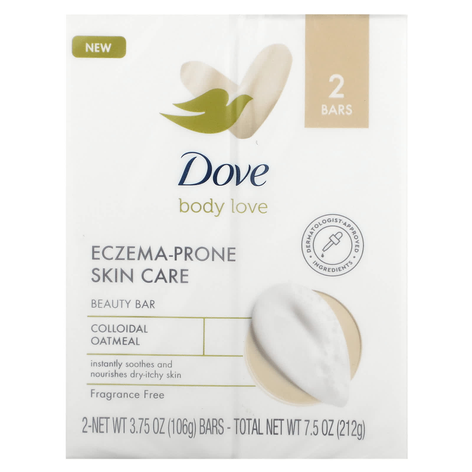 Dove, Body Love, мыло для ухода за кожей, склонной к экземе, без отдушек, 2 батончика по 106 г (3,75 унции)