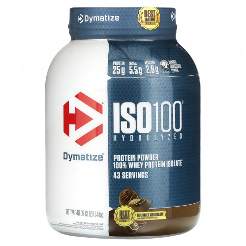 Dymatize, ISO100, гидролизованный, 100% изолят сывороточного протеина, шоколад для гурманов, 1,4 кг (3 фунта)