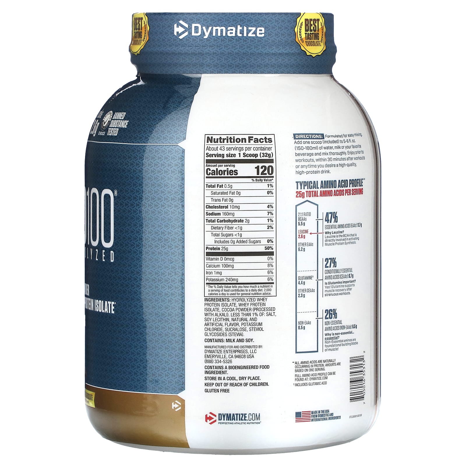 Dymatize, ISO100, гидролизованный, 100% изолят сывороточного протеина, шоколад для гурманов, 1,4 кг (3 фунта)