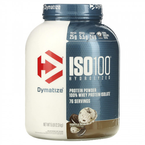 Dymatize, ISO100 гидролизованный, 100% изолят сывороточного белка, печенье со сливками, 5 фунтов (2,3 кг)