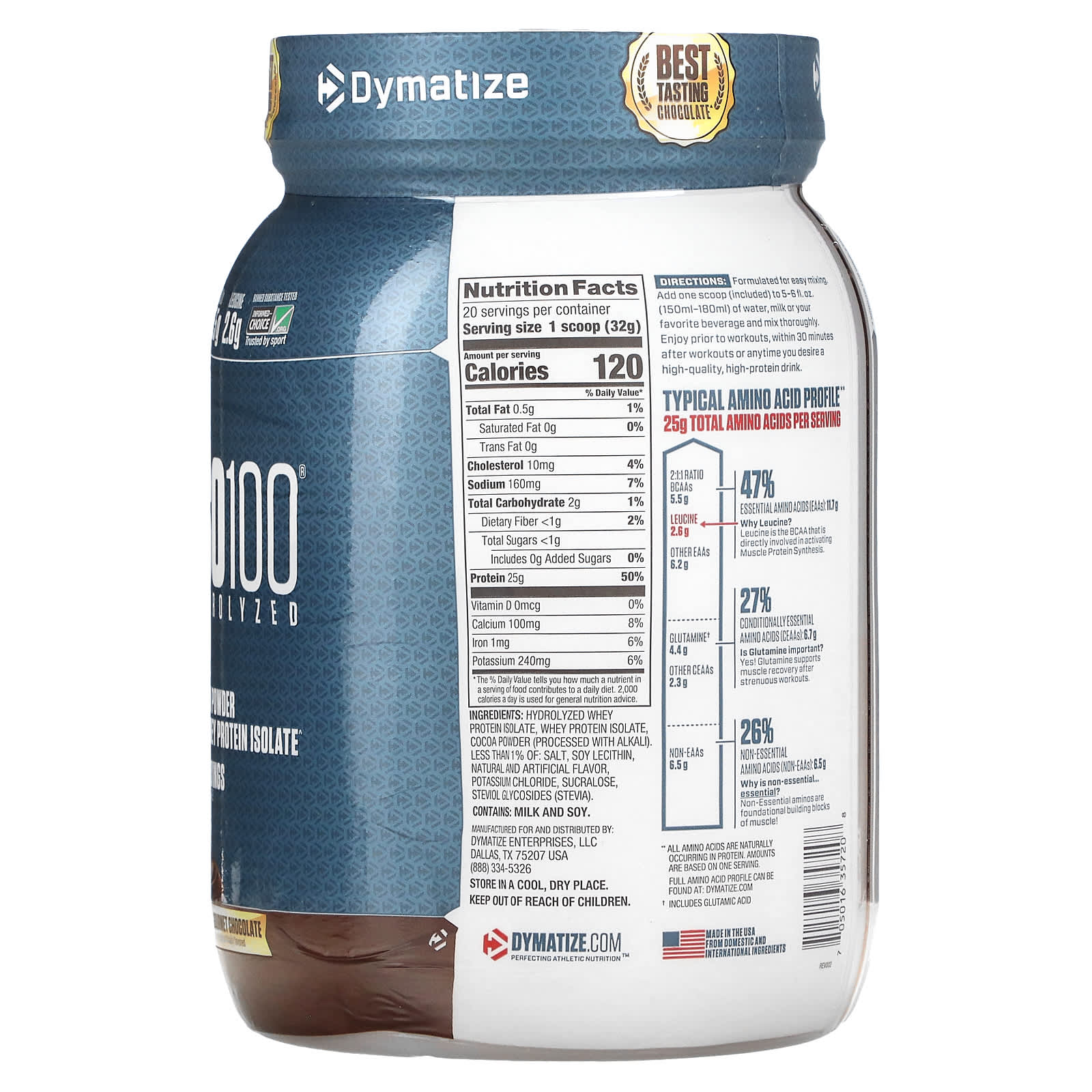 Dymatize, ISO100, гидролизованный, 100% изолят сывороточного протеина, шоколад для гурманов, 640 г (1,4 фунта)