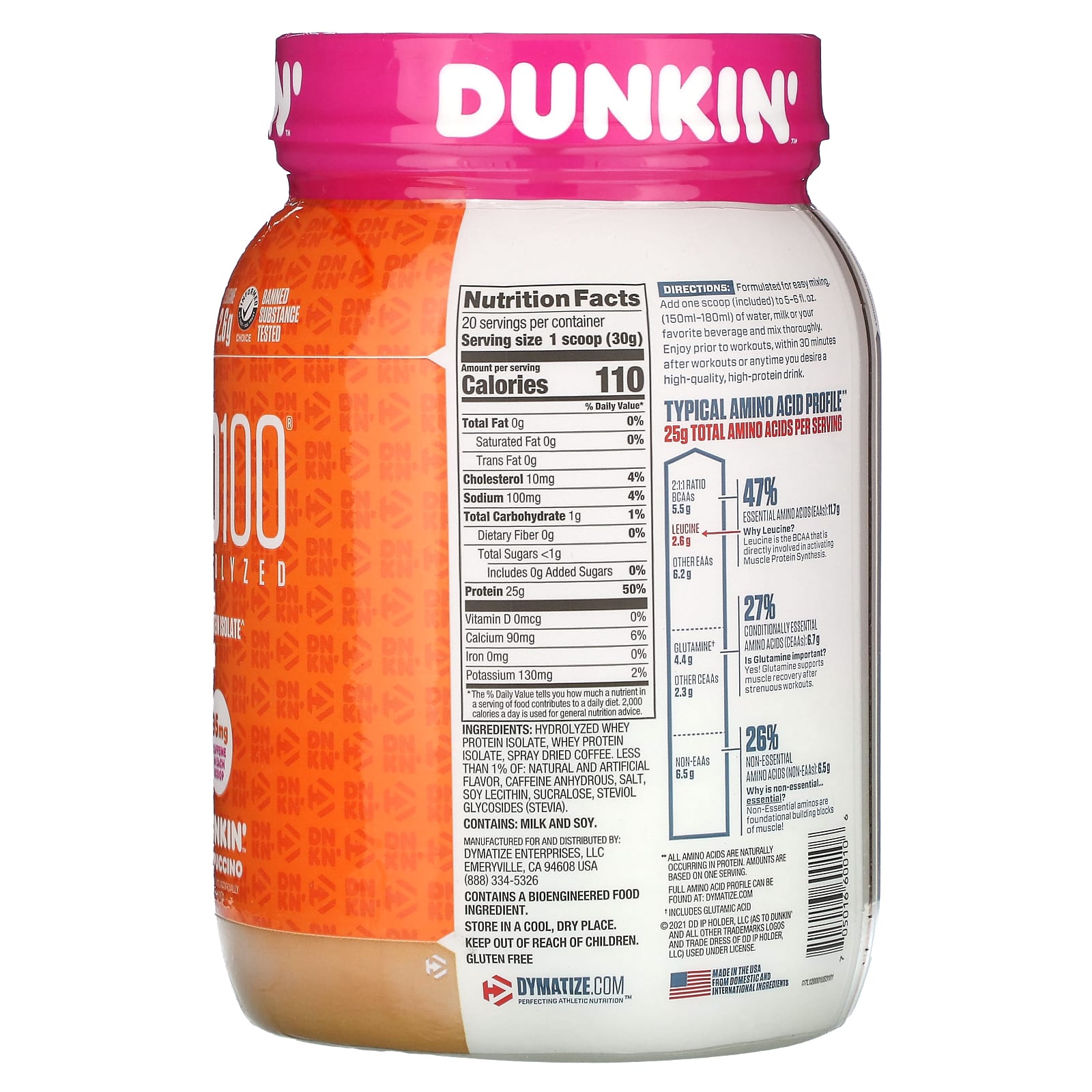 Dymatize, ISO100, гидролизованный, 100% изолят сывороточного протеина, Dunkin 'Cappuccino, 610 г (1,3 фунта)