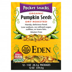 Eden Foods, Organic, Pocket snacks, тыквенные семечки, сухие жареные, 12 пакетиков, 1 унция (28,3 г) каждый