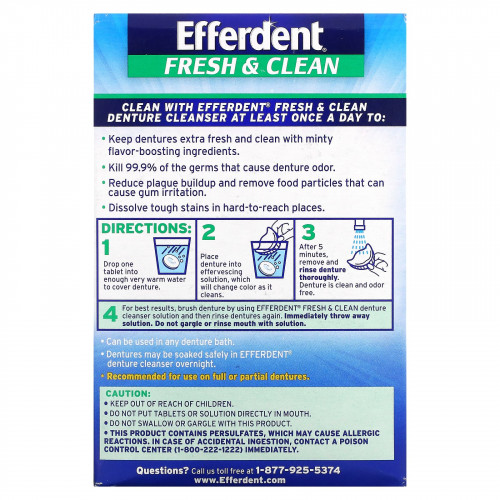 Efferdent, Антибактериальное средство для очищения зубных протезов, Fresh & Clean, 90 таблеток