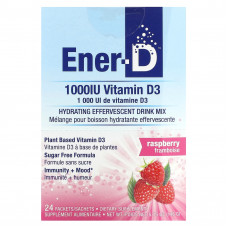 Ener-C, Ener-D, витамин D3, увлажняющая шипучая смесь для приготовления напитка, без сахара, малина, 1000 мг, 24 пакетика