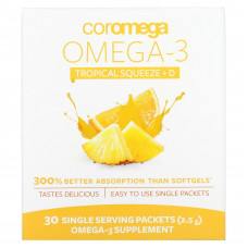 Coromega, Omega-3 + Vit D, тропический апельсин, 30 одноразовых пакетиков, 2,5 г каждый