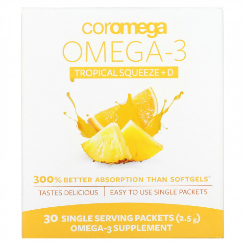 Coromega, Omega-3 + Vit D, тропический апельсин, 30 одноразовых пакетиков, 2,5 г каждый