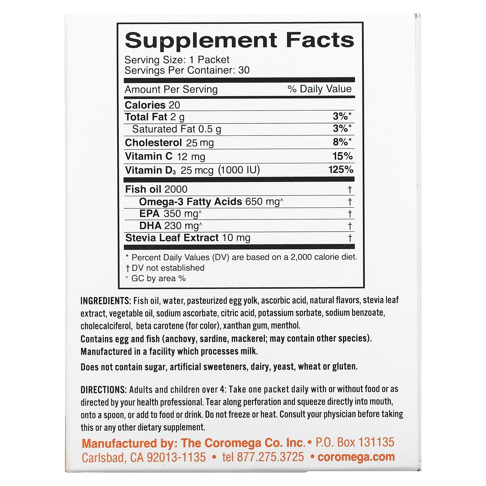 Coromega, Omega-3 + Vit D, тропический апельсин, 30 одноразовых пакетиков, 2,5 г каждый