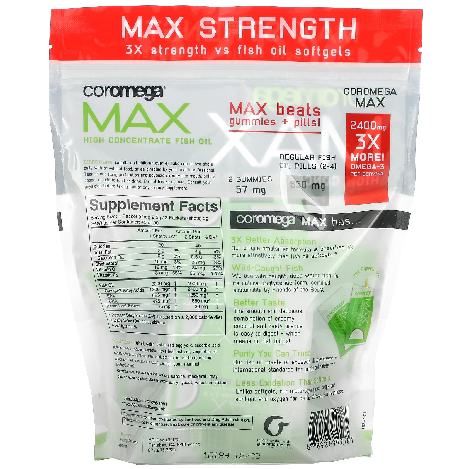 Coromega, Max High Concentrate Omega-3 Fish Oil, Coconut Bliss, 90 выжимок, 2,5 г каждый