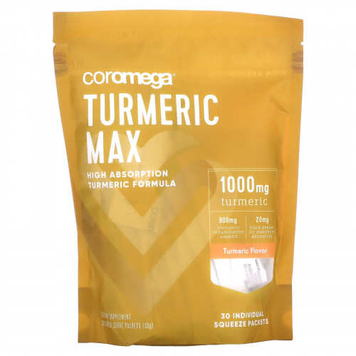 Coromega, Turmeric Max, куркума, 1000 мг, 30 отдельных пресс-пакетиков по 10 г