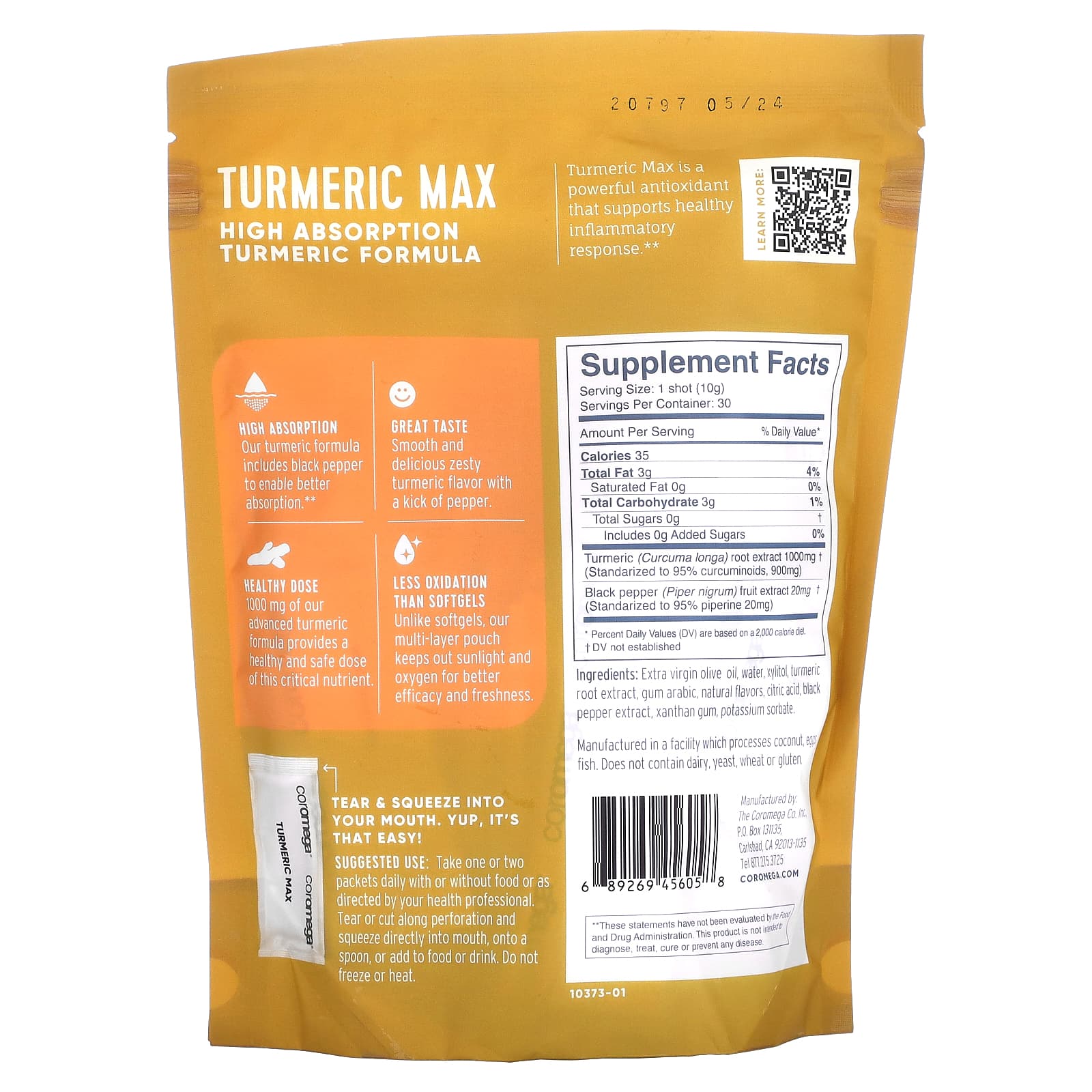 Coromega, Turmeric Max, куркума, 1000 мг, 30 отдельных пресс-пакетиков по 10 г