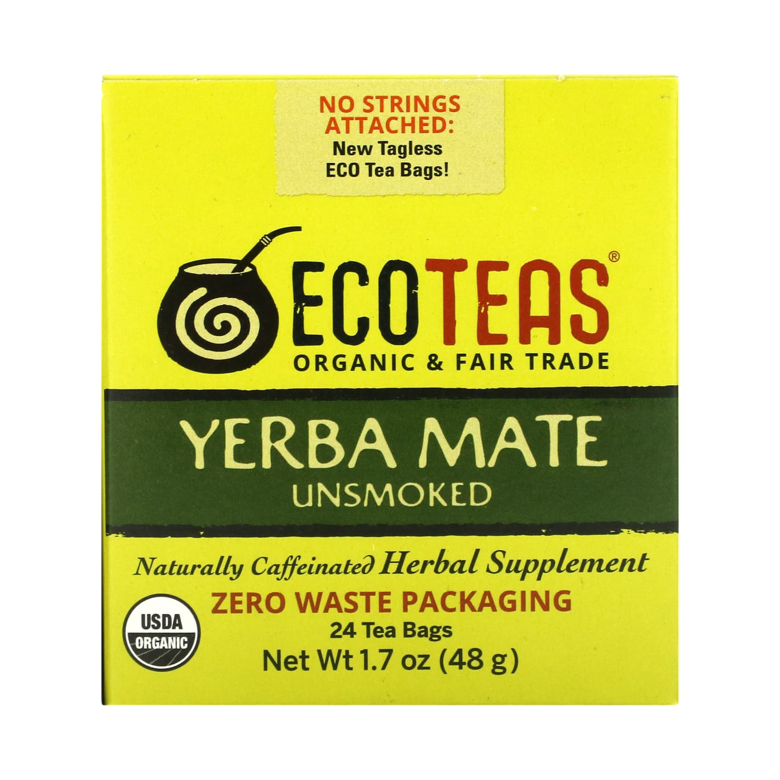 EcoTeas, Yerba Mate, некопченный, зеленая энергия, 24 чайных пакетика, 48 г (1,7 унции)