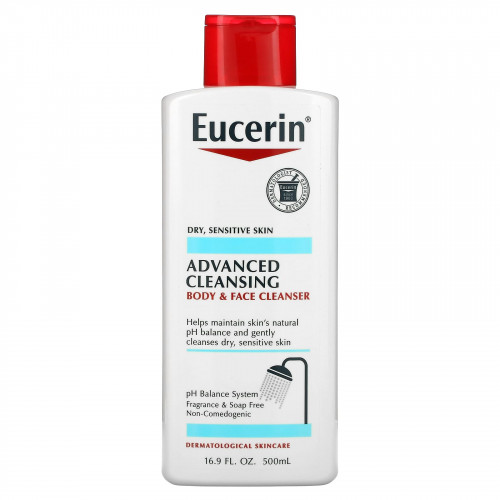 Eucerin, Advanced Cleansing, очищающее средство для тела и лица, без отдушек, 500 мл (16,9 жидких унций)