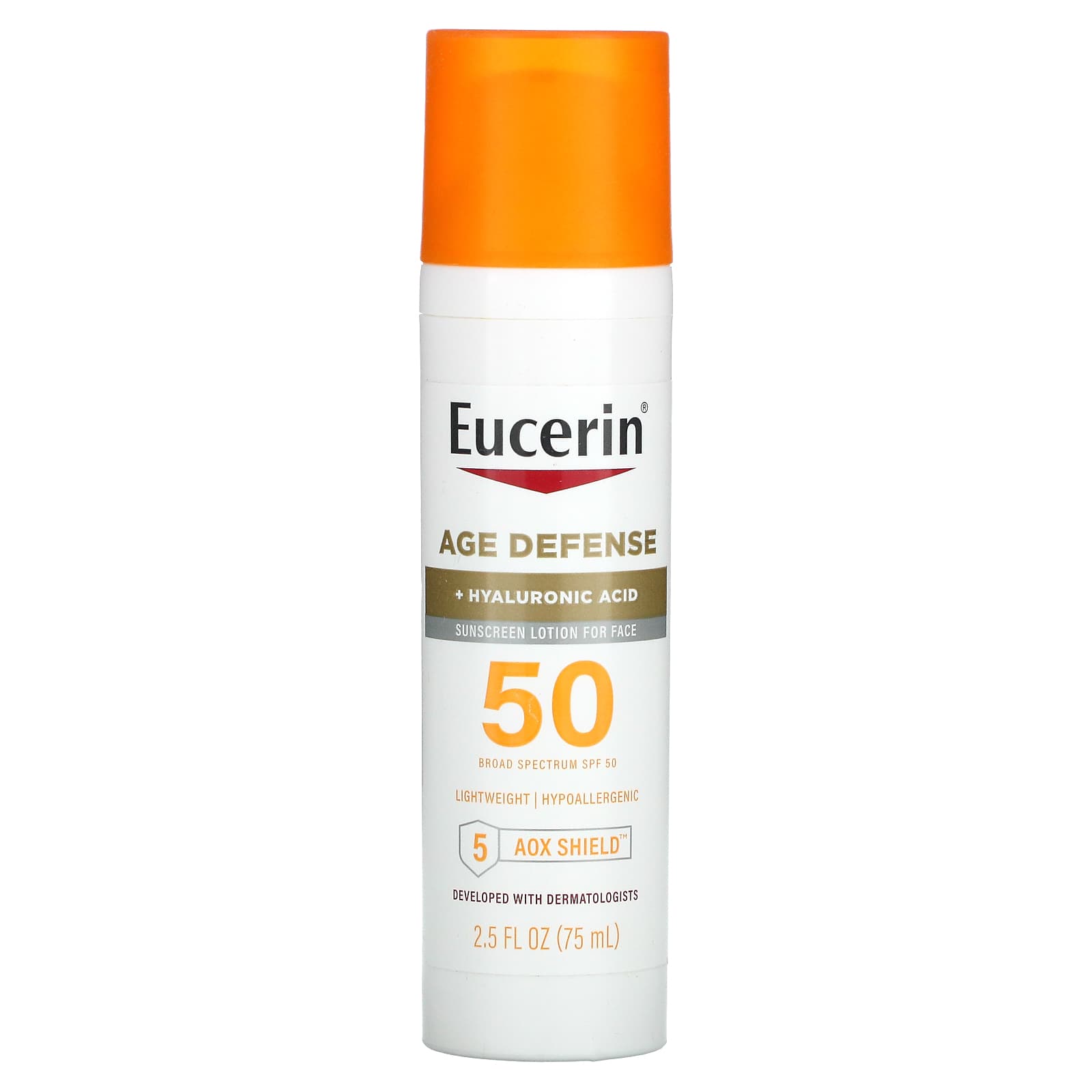 Eucerin, Age Defense, легкий солнцезащитный лосьон для лица, SPF 50, без отдушек, 75 мл (2,5 жидк. Унции)