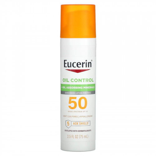 Eucerin, Oil Control, легкий солнцезащитный лосьон для лица, SPF 50, 75 мл (2,5 жидк. Унции)