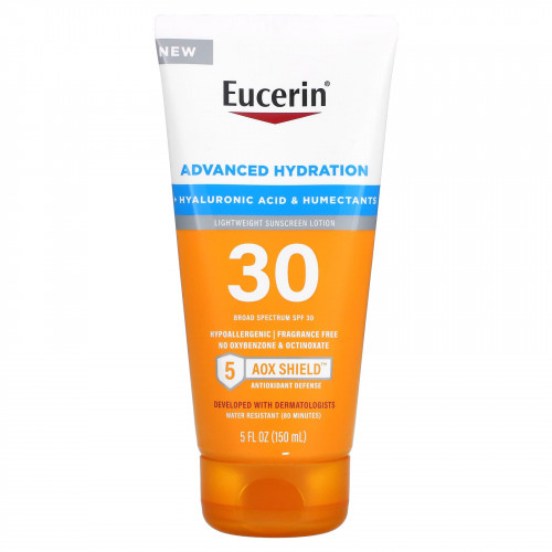 Eucerin, Advanced Hydration, легкий солнцезащитный лосьон, SPF 30, без отдушек, 150 мл (5 жидк. Унций)