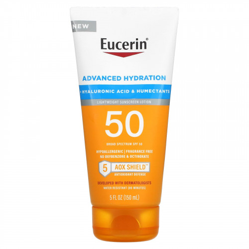 Eucerin, Advanced Hydration, легкий солнцезащитный лосьон, SPF 50, без отдушек, 150 мл (5 жидк. Унций)