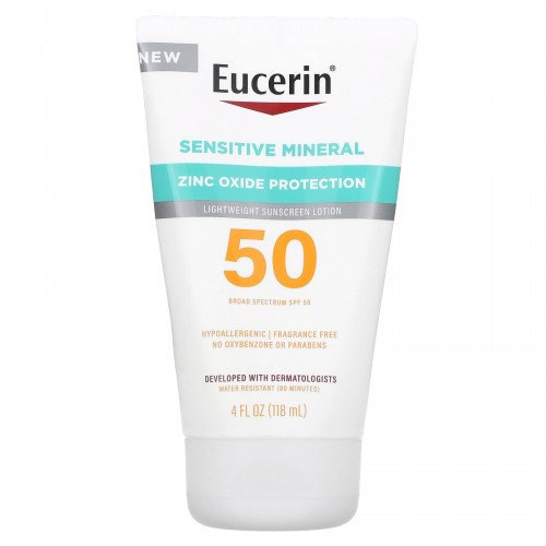 Eucerin, Sensitive Mineral, легкий солнцезащитный лосьон, SPF 50, без отдушек, 118 мл (4 жидк. Унции)