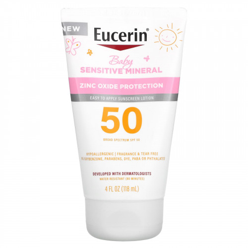 Eucerin, Для детей, минеральный солнцезащитный лосьон для чувствительной кожи, SPF 50, без отдушек, 118 мл (4 жидк. Унции)