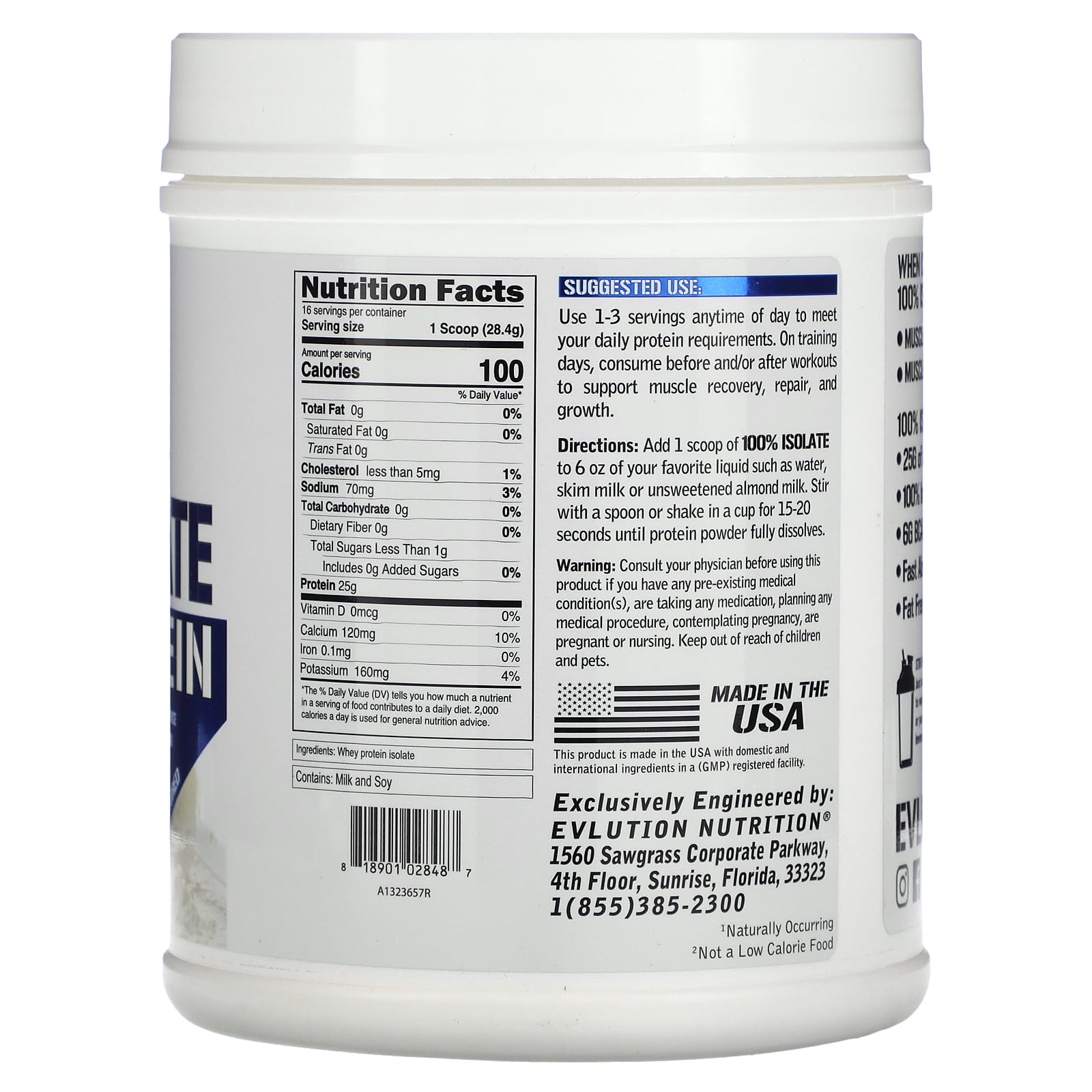 EVLution Nutrition, 100% изолят протеина, без добавок, 454 г (1 фунт)