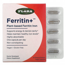 Flora, Ferritin+, ферритин (железо) на растительной основе, 30 веганских капсул с отсроченным высвобождением