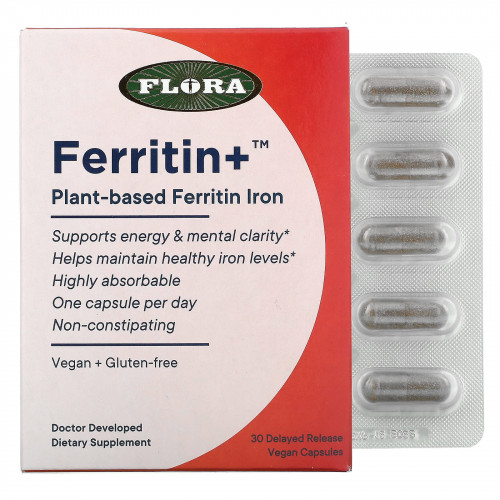 Flora, Ferritin+, ферритин (железо) на растительной основе, 30 веганских капсул с отсроченным высвобождением