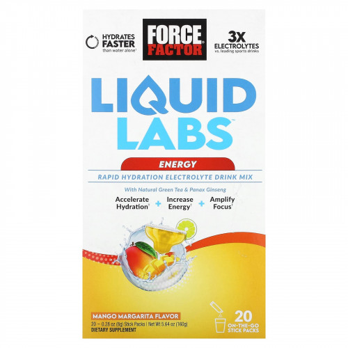 Force Factor, Liquid Labs, Energy, манго и маргарита, 20 пакетиков по 8 г (0,28 унции)