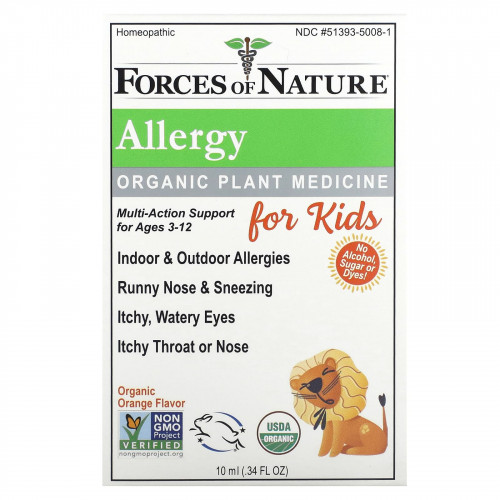 Forces of Nature, Allergy, органическое растительное средство, для детей от 3 до 12 лет, апельсин, 10 мл (0,34 жидк. Унции)