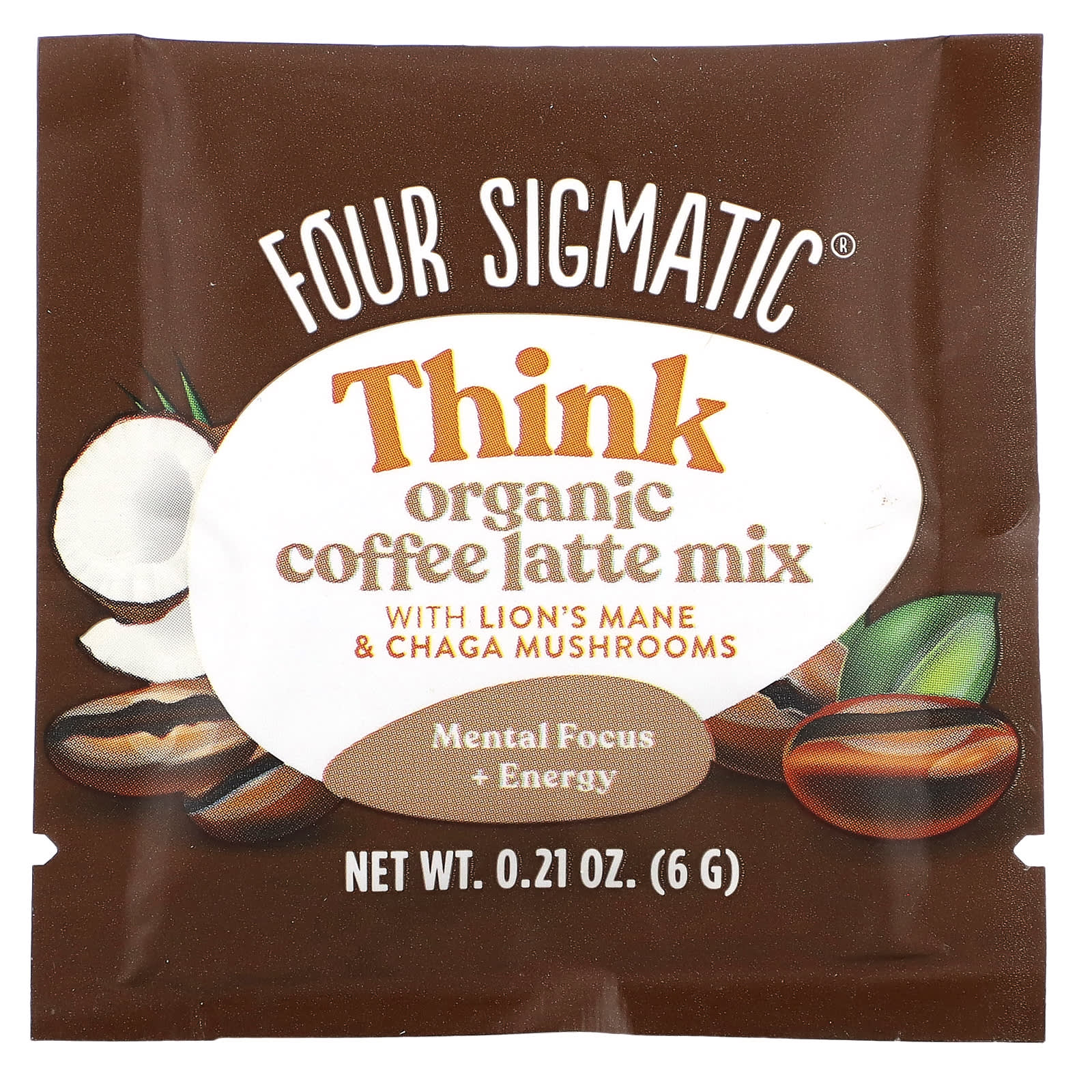 Four Sigmatic, Think, смесь для приготовления органического латте с ежовиком гребенчатым и грибом чага, 10 пакетиков по 6 г (0,21 унции)